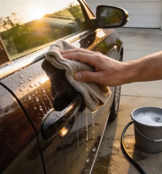 A hand wiping a dark car's door panel with a microfibre cloth, water beading on the paint, with a soapy bucket, hose and towels on the driveway