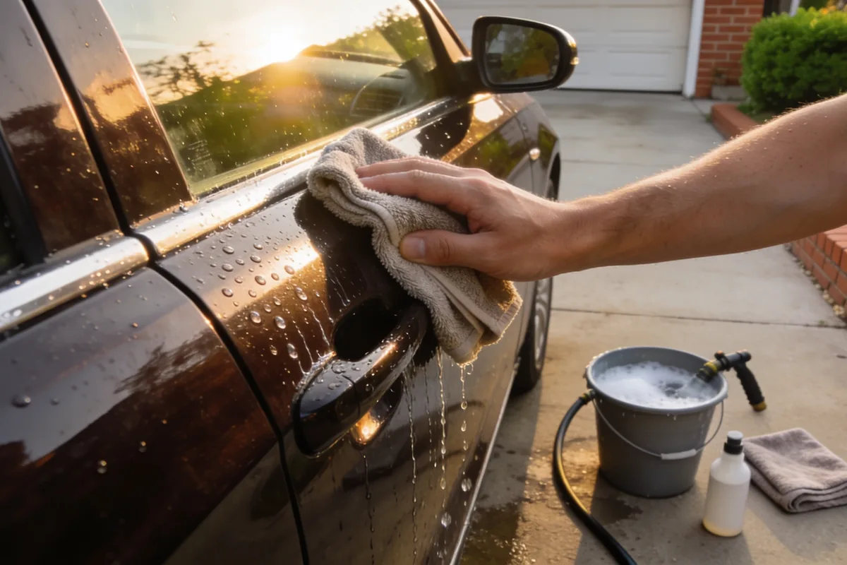 A hand wiping a dark car's door panel with a microfibre cloth, water beading on the paint, with a soapy bucket, hose and towels on the driveway
