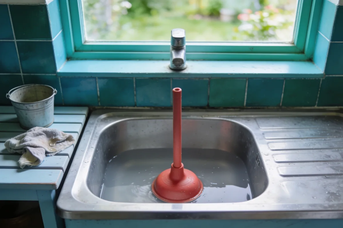 A stainless steel kitchen sink half full of still water with a red plunger standing in it, bucket and cloth on the bench beside it
