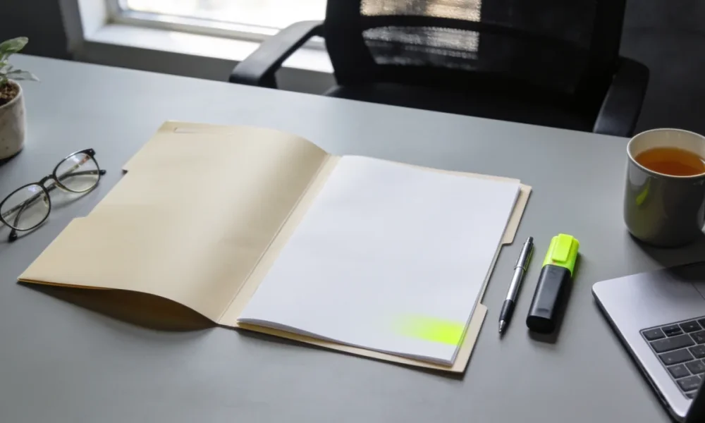 An open folder of blank pages on an office desk with a pen, highlighter, glasses, mug, plant and closed laptop in daylight