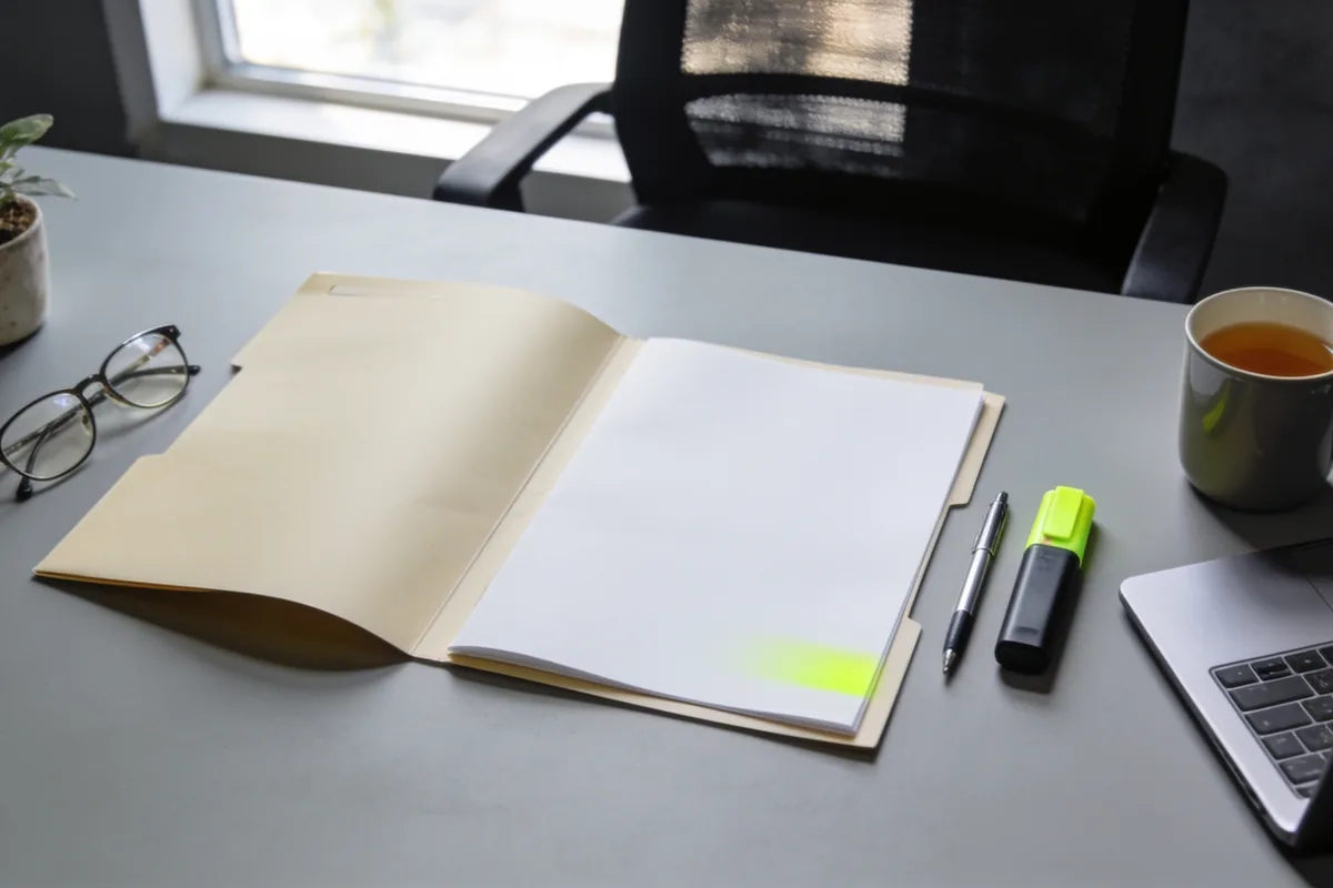 An open folder of blank pages on an office desk with a pen, highlighter, glasses, mug, plant and closed laptop in daylight