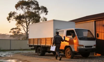 A white box truck with timber tray gates parked at a depot in dawn light, with the driver walking to the cab holding a clipboard