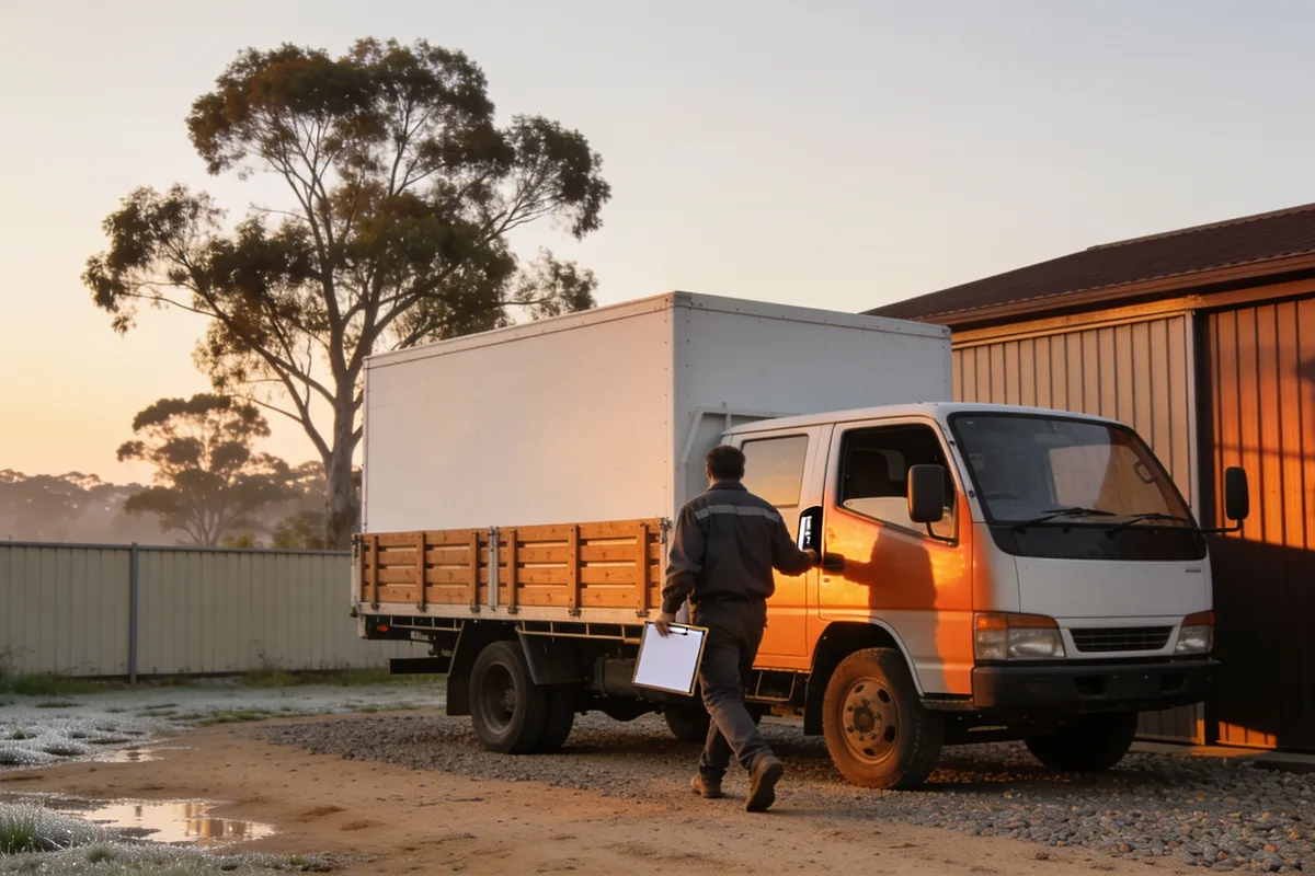 A white box truck with timber tray gates parked at a depot in dawn light, with the driver walking to the cab holding a clipboard