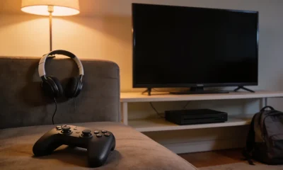 An Australian living room in the evening with a plain games controller on the couch, a headset on the armrest and a dark television above a plain console, lit by a warm lamp