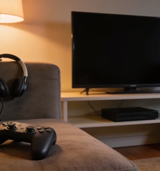 An Australian living room in the evening with a plain games controller on the couch, a headset on the armrest and a dark television above a plain console, lit by a warm lamp