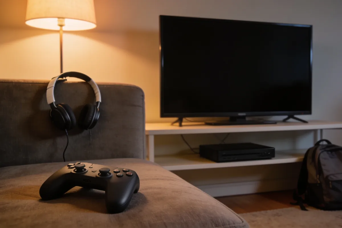 An Australian living room in the evening with a plain games controller on the couch, a headset on the armrest and a dark television above a plain console, lit by a warm lamp