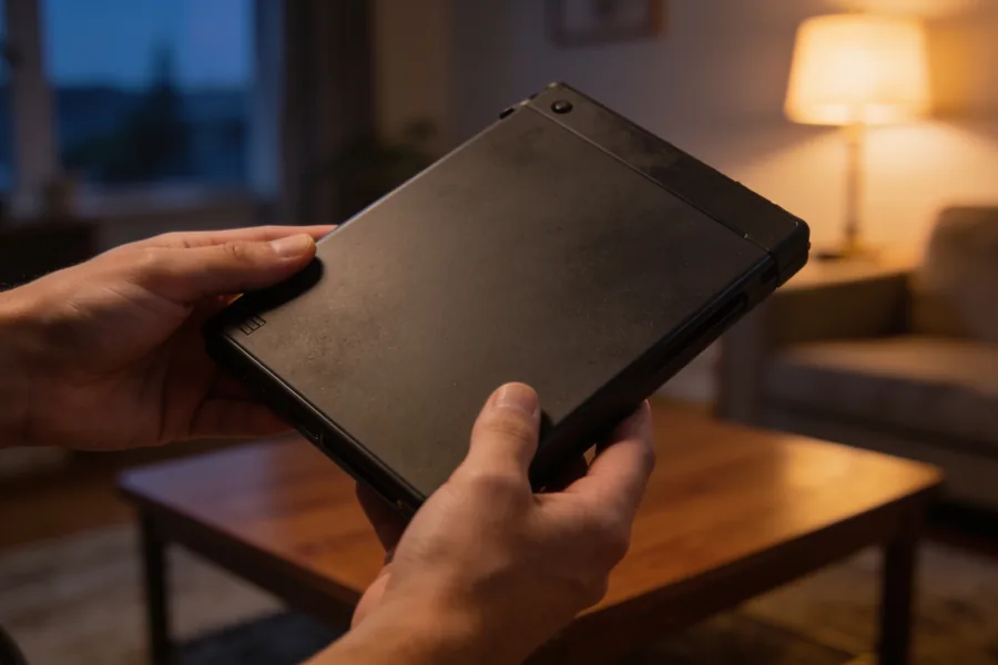 A plain dark game case held in both hands, angled away from the camera, above a coffee table in a warm living room in the evening.