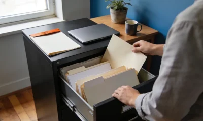 A person filing a plain folder into an open cabinet drawer in a home study, with a closed laptop, mug and plant on the desk beside them