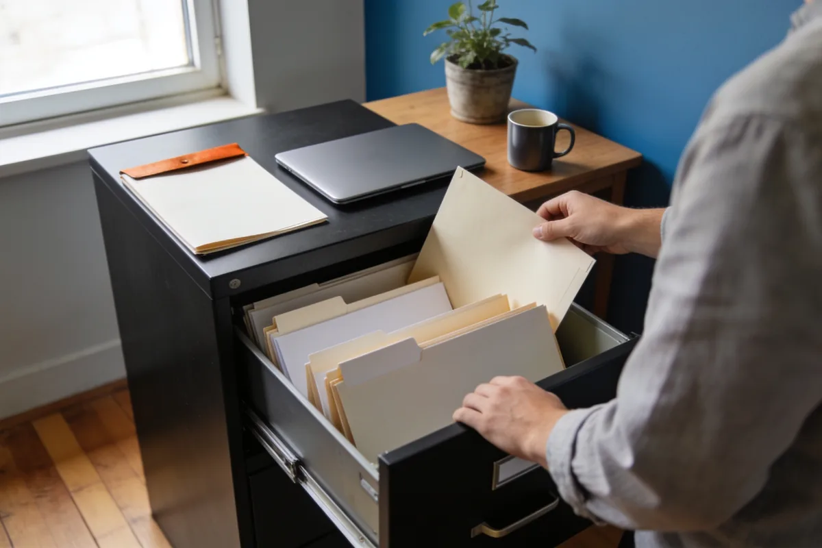 A person filing a plain folder into an open cabinet drawer in a home study, with a closed laptop, mug and plant on the desk beside them