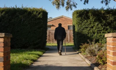 A person walking away along a suburban footpath with a walking stick, between clipped hedges towards a brick house in morning light