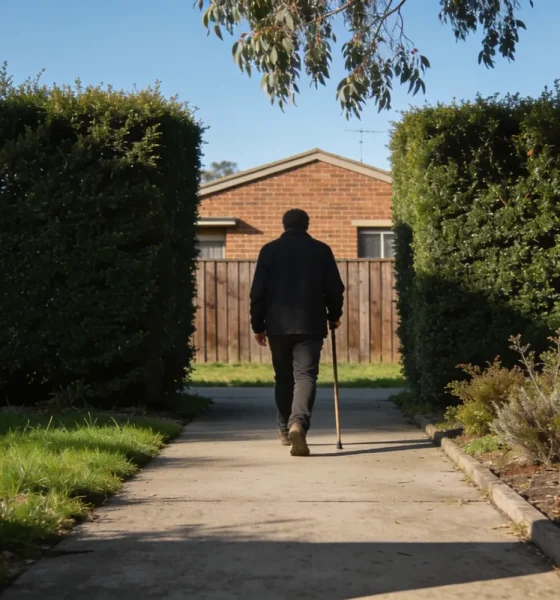 A person walking away along a suburban footpath with a walking stick, between clipped hedges towards a brick house in morning light