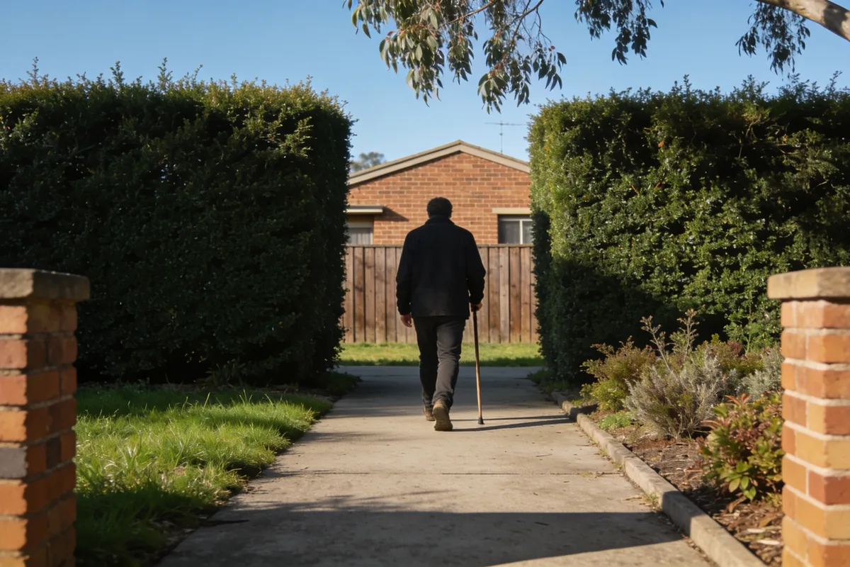 A person walking away along a suburban footpath with a walking stick, between clipped hedges towards a brick house in morning light