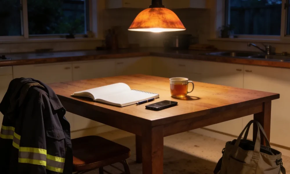 A kitchen table in the evening with an open notebook of blank pages, a pen, a phone and a mug of tea, a hi-vis work jacket over the chair and a bag on the floor