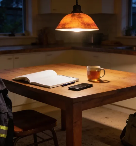 A kitchen table in the evening with an open notebook of blank pages, a pen, a phone and a mug of tea, a hi-vis work jacket over the chair and a bag on the floor