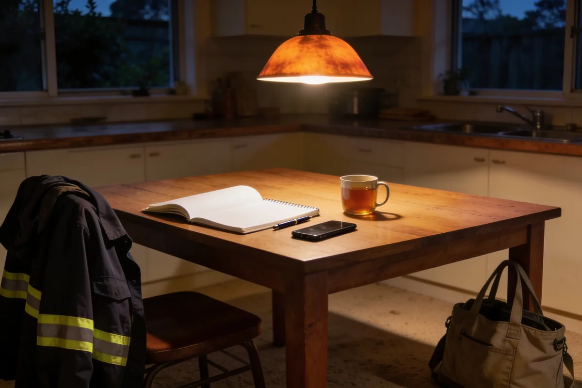 A kitchen table in the evening with an open notebook of blank pages, a pen, a phone and a mug of tea, a hi-vis work jacket over the chair and a bag on the floor