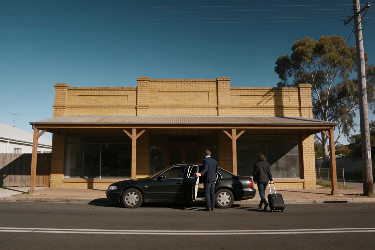 A plain sedan at the kerb of a country town shopfront with its rear door held open, a passenger with a suitcase walking towards it