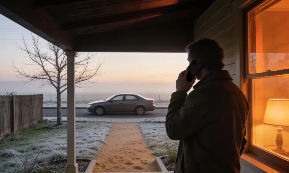 A person on the verandah of a country house at dawn with a phone to their ear, a plain car waiting at the kerb beyond a frosty garden