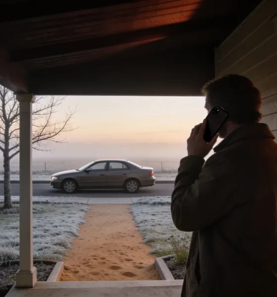 A person on the verandah of a country house at dawn with a phone to their ear, a plain car waiting at the kerb beyond a frosty garden