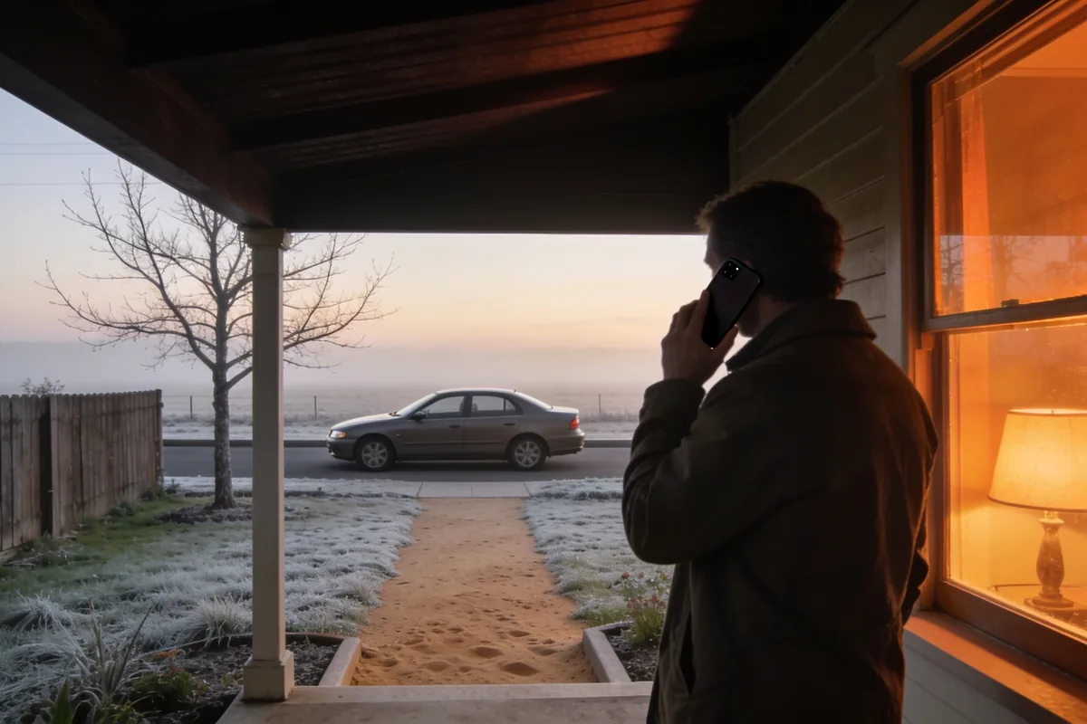 A person on the verandah of a country house at dawn with a phone to their ear, a plain car waiting at the kerb beyond a frosty garden