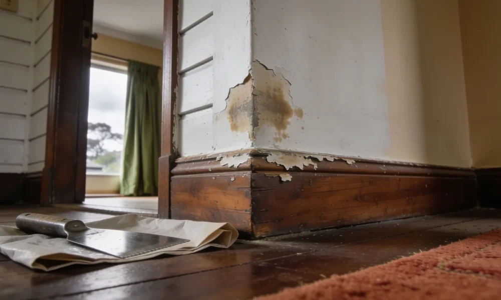 A blistered, water-stained patch of paint above a timber skirting in an older Australian home, with a scraper and drop sheet on the floorboards