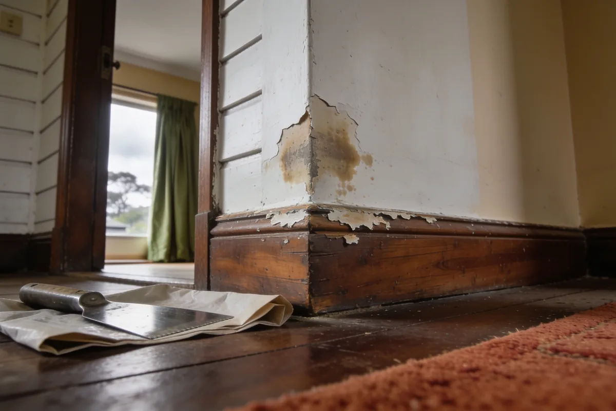 A blistered, water-stained patch of paint above a timber skirting in an older Australian home, with a scraper and drop sheet on the floorboards