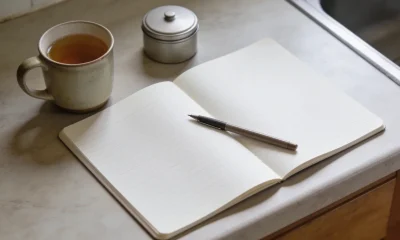 An open blank notepad with a pen on a kitchen bench, a mug of tea and a plain metal tin beside it, in soft winter morning light