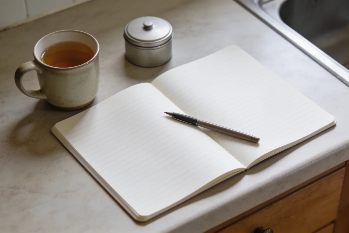 An open blank notepad with a pen on a kitchen bench, a mug of tea and a plain metal tin beside it, in soft winter morning light