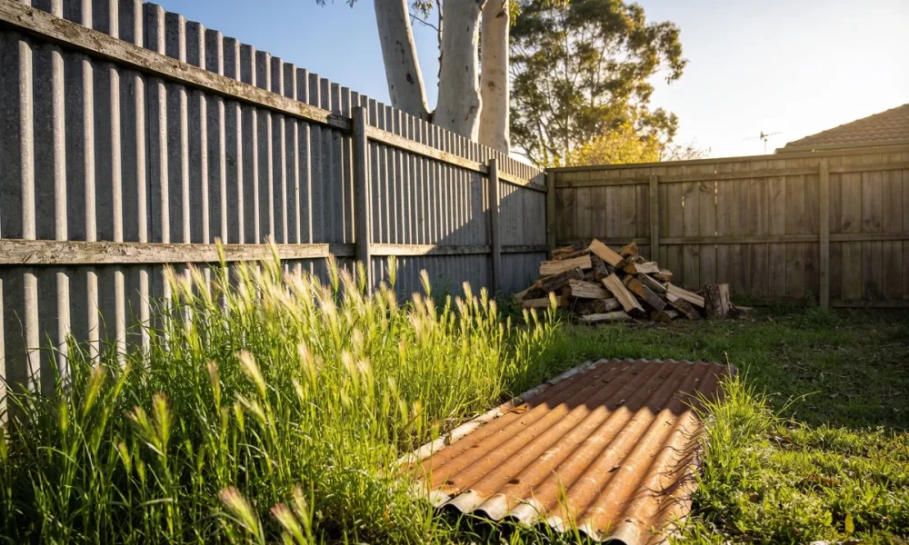 The back corner of a suburban Australian yard in spring sun, with long grass along a corrugated fence, an old sheet of roofing iron on the ground, a woodpile and gum trees beyond