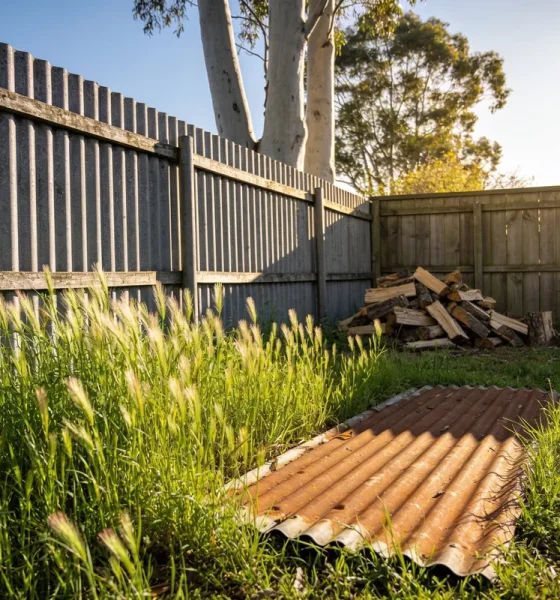 The back corner of a suburban Australian yard in spring sun, with long grass along a corrugated fence, an old sheet of roofing iron on the ground, a woodpile and gum trees beyond