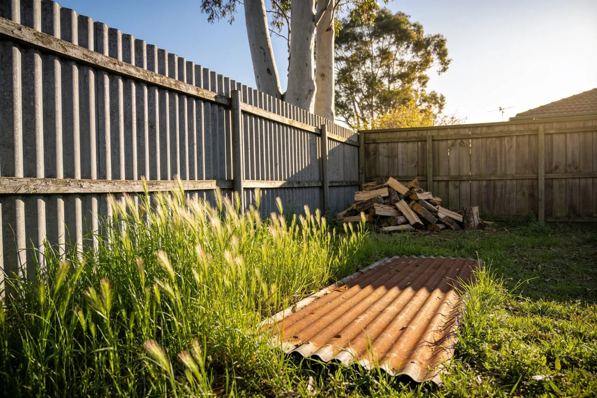The back corner of a suburban Australian yard in spring sun, with long grass along a corrugated fence, an old sheet of roofing iron on the ground, a woodpile and gum trees beyond