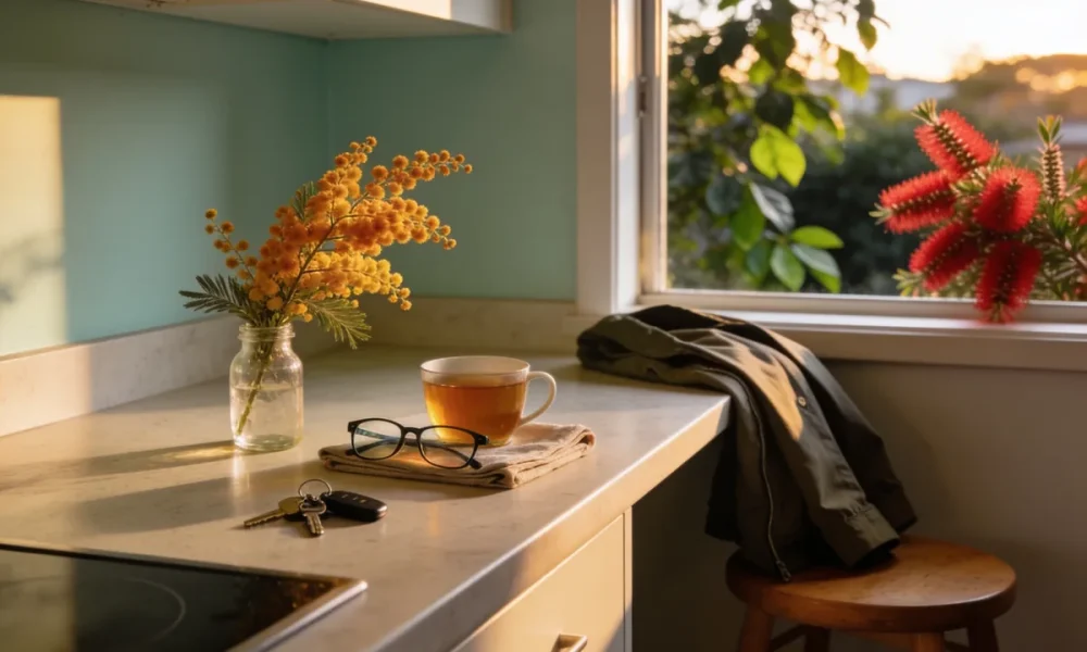 A cup of tea, folded reading glasses, house keys and a sprig of golden wattle in a glass jar on a kitchen bench in early morning sun, with a jacket over a stool and a red bottlebrush outside the window