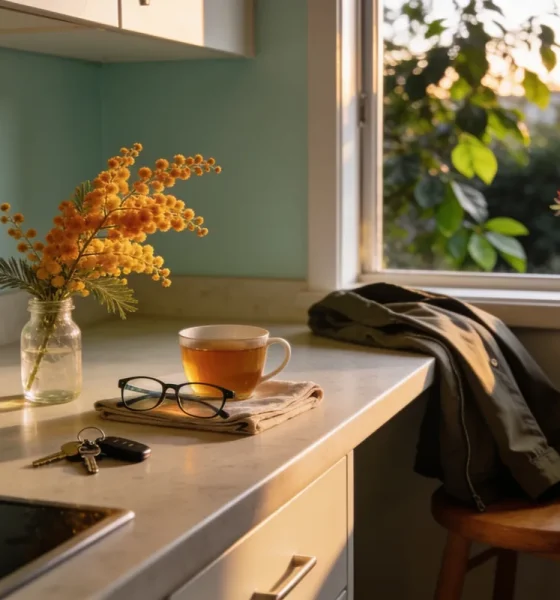 A cup of tea, folded reading glasses, house keys and a sprig of golden wattle in a glass jar on a kitchen bench in early morning sun, with a jacket over a stool and a red bottlebrush outside the window