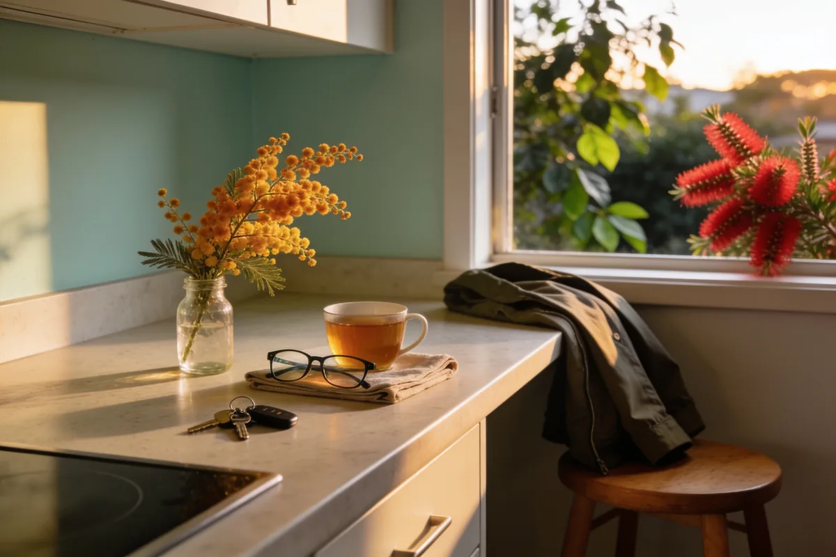 A cup of tea, folded reading glasses, house keys and a sprig of golden wattle in a glass jar on a kitchen bench in early morning sun, with a jacket over a stool and a red bottlebrush outside the window