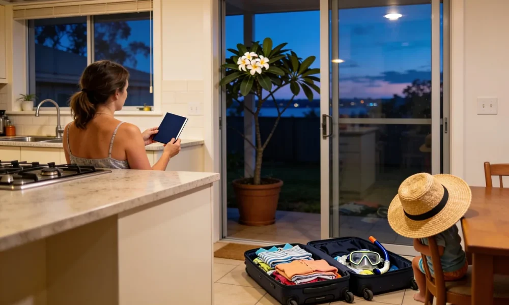 A woman at a kitchen bench holding a plain navy booklet, an open suitcase of summer clothes and a snorkel mask on the floor, a child in a straw sun hat on a chair and a potted frangipani by the glass door at dusk