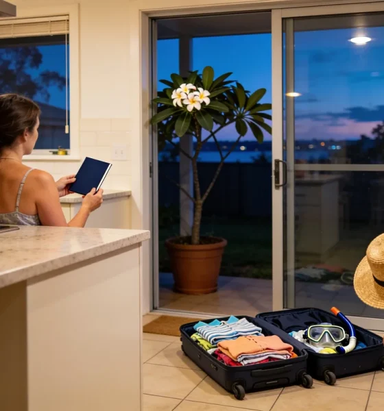 A woman at a kitchen bench holding a plain navy booklet, an open suitcase of summer clothes and a snorkel mask on the floor, a child in a straw sun hat on a chair and a potted frangipani by the glass door at dusk