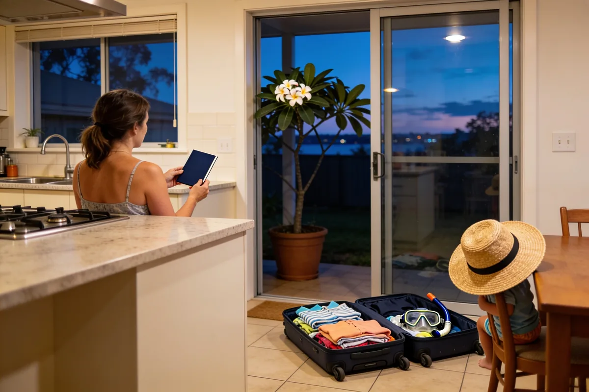 A woman at a kitchen bench holding a plain navy booklet, an open suitcase of summer clothes and a snorkel mask on the floor, a child in a straw sun hat on a chair and a potted frangipani by the glass door at dusk