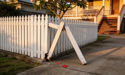 A white picket fence beside a concrete driveway with two pickets snapped at the base and leaning out, small shards of red plastic on the concrete, and a frangipani and the steps of a Queenslander behind in late sun