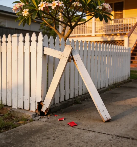 A white picket fence beside a concrete driveway with two pickets snapped at the base and leaning out, small shards of red plastic on the concrete, and a frangipani and the steps of a Queenslander behind in late sun