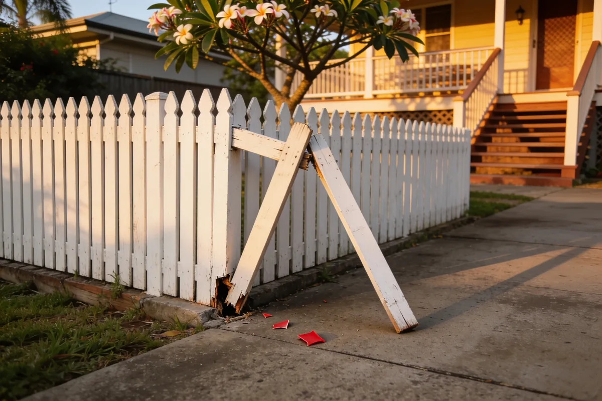 A white picket fence beside a concrete driveway with two pickets snapped at the base and leaning out, small shards of red plastic on the concrete, and a frangipani and the steps of a Queenslander behind in late sun