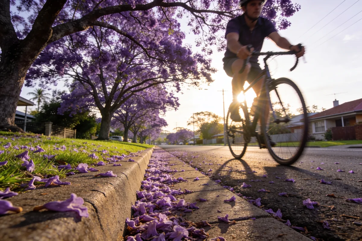 A suburban street lined with jacaranda trees in full purple bloom, fallen flowers carpeting the gutter and footpath, and a cyclist riding past in low morning sun