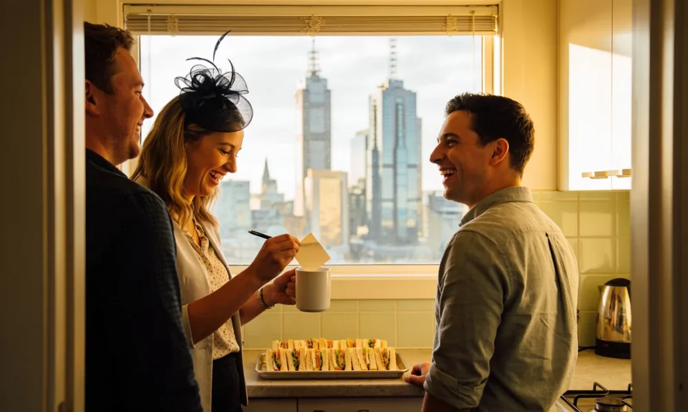 Three colleagues laughing in a small office kitchen, a woman in a black fascinator holding a paper slip over a white mug, a tray of sandwiches on the bench and city towers through the window