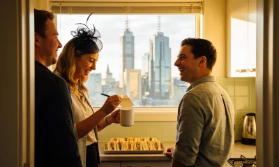 Three colleagues laughing in a small office kitchen, a woman in a black fascinator holding a paper slip over a white mug, a tray of sandwiches on the bench and city towers through the window