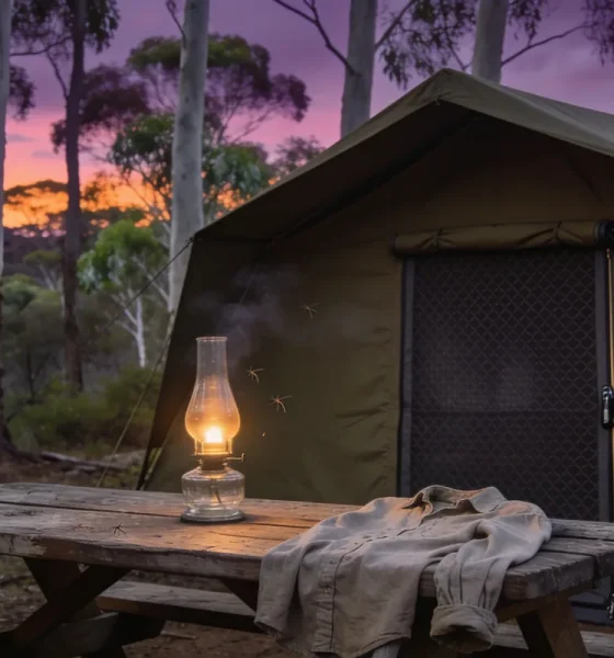 A canvas tent with its mesh door zipped shut, a glowing glass lantern on a weathered picnic table with a long-sleeved shirt draped over it, and a few mosquitoes in the light among tall gum trees at dusk