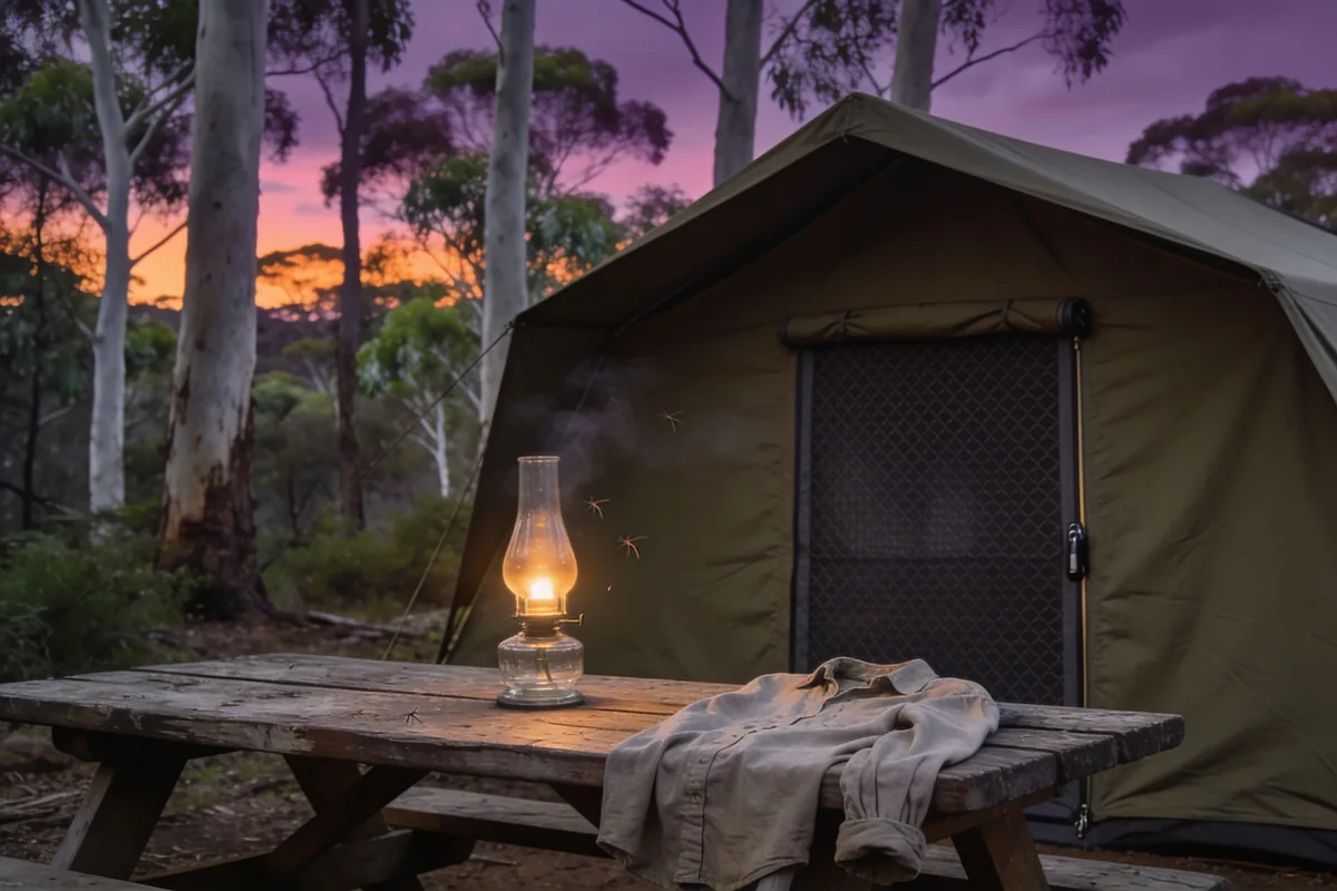A canvas tent with its mesh door zipped shut, a glowing glass lantern on a weathered picnic table with a long-sleeved shirt draped over it, and a few mosquitoes in the light among tall gum trees at dusk
