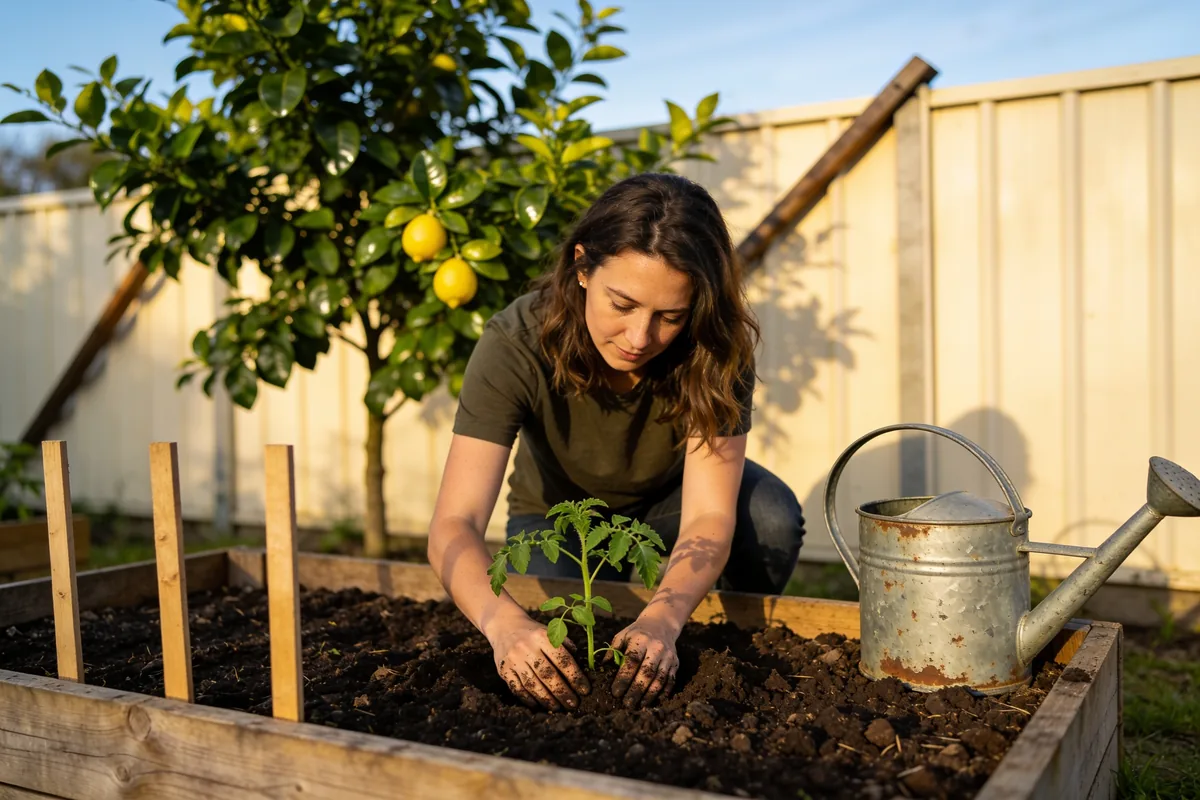 A woman kneeling at a raised garden bed planting a young tomato seedling into dark soil, with timber stakes, a galvanised watering can and a lemon tree in the sun behind
