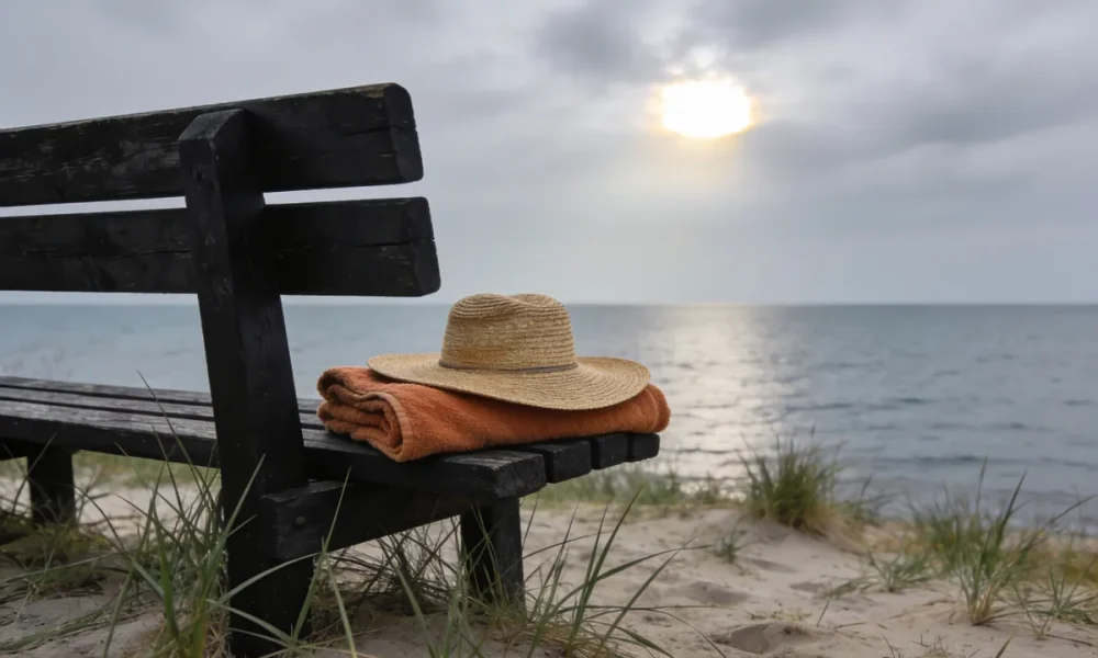A straw hat on a folded orange beach towel on a dark timber bench above the sand on an overcast morning, with the sun breaking through grey cloud over a calm bay