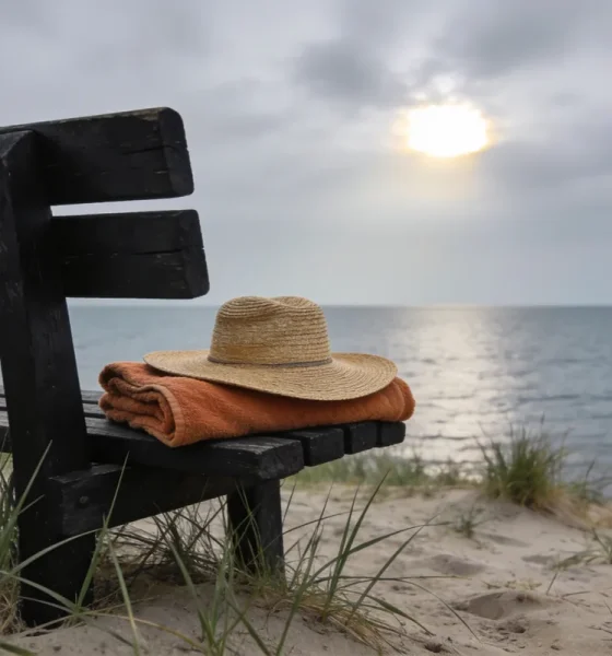 A straw hat on a folded orange beach towel on a dark timber bench above the sand on an overcast morning, with the sun breaking through grey cloud over a calm bay