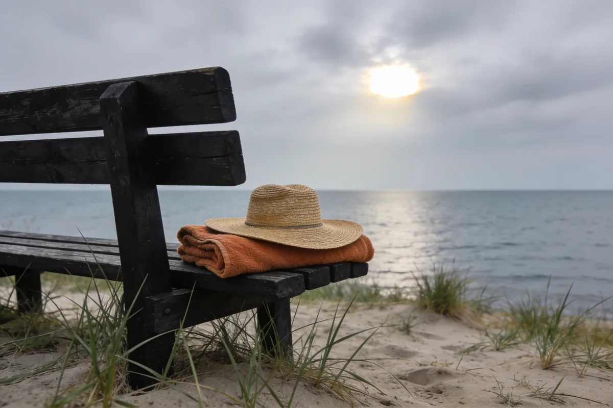 A straw hat on a folded orange beach towel on a dark timber bench above the sand on an overcast morning, with the sun breaking through grey cloud over a calm bay