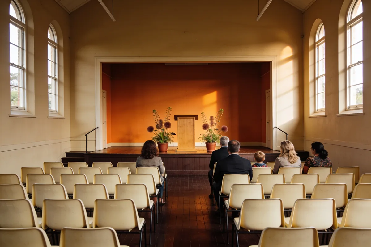 Rows of empty chairs in a community hall facing a small stage with a timber lectern and two potted plants, a few people seated near the front, seen from behind in warm afternoon light