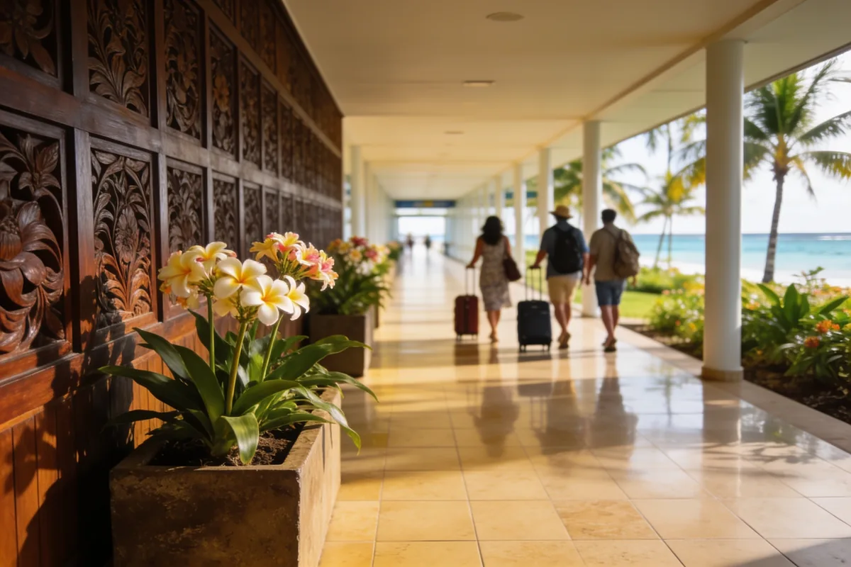 Travellers pulling wheeled suitcases along an open-air airport walkway with carved timber wall panels, frangipani planters and palm trees beside the sea